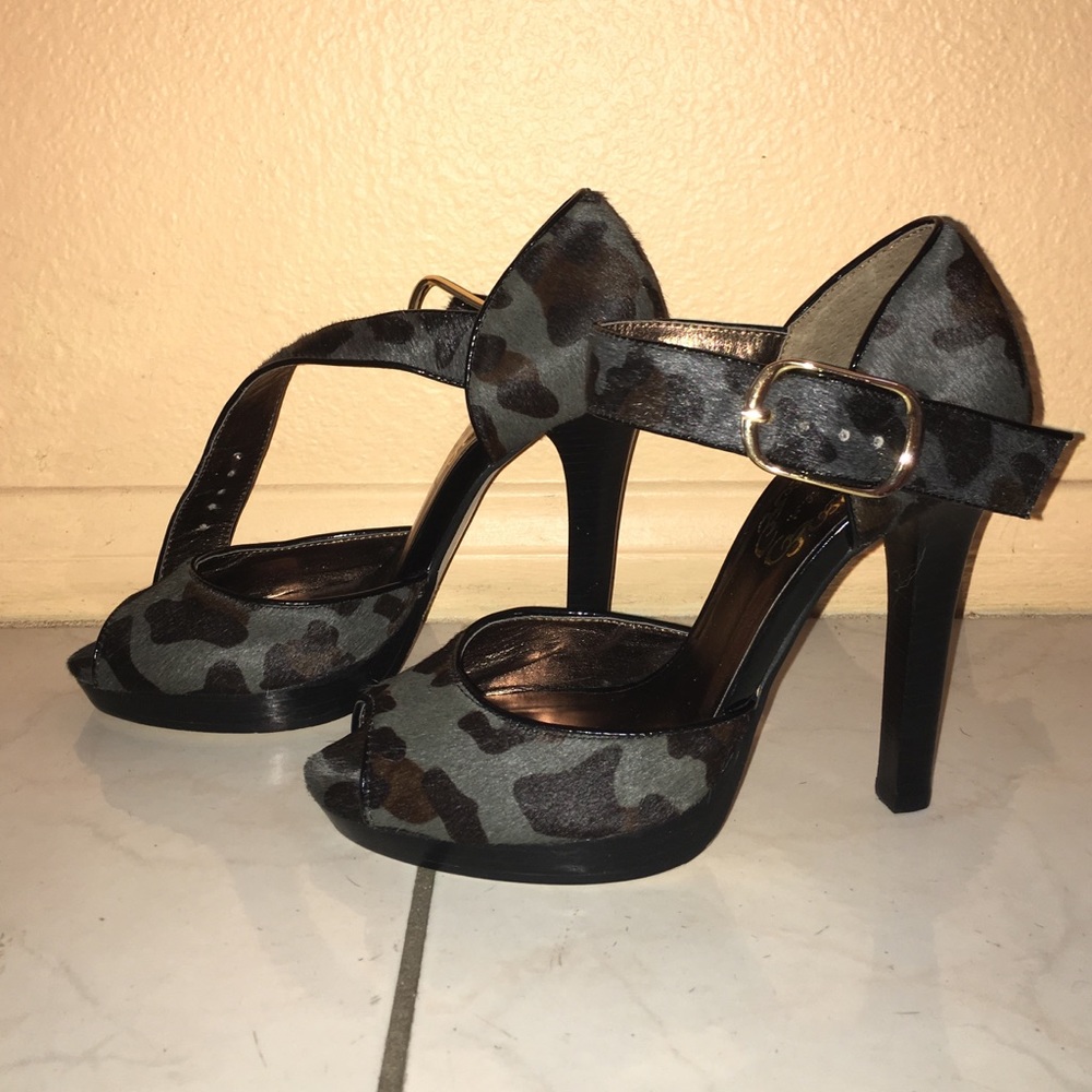 New grey calf hair platforms with gold buckles